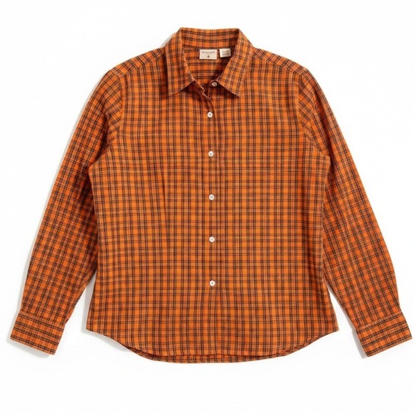 Mountain Lake Tops - Mountain Lake Orange Plaid Button Down, 100% Cotton Long Sleeve Shirt Women's XL